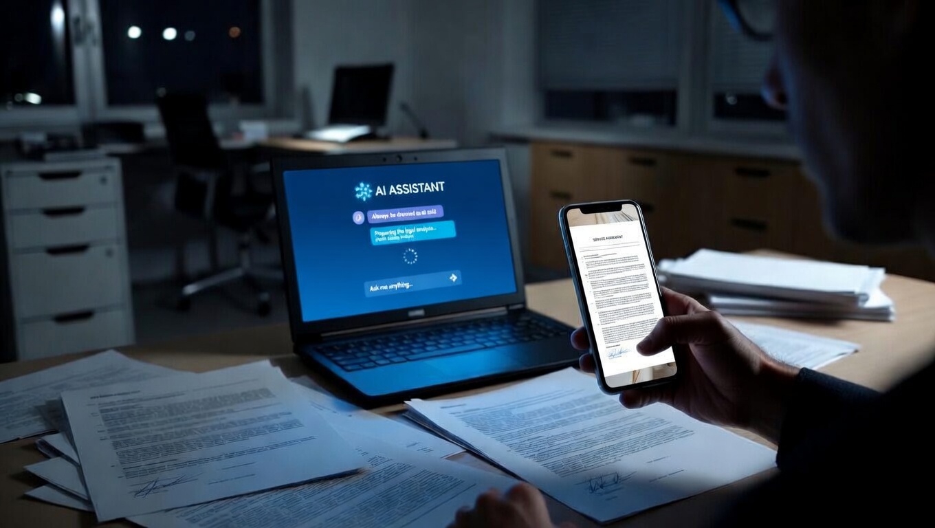 Person photographing a legal document while an AI assistant runs on a laptop in a dimly lit office