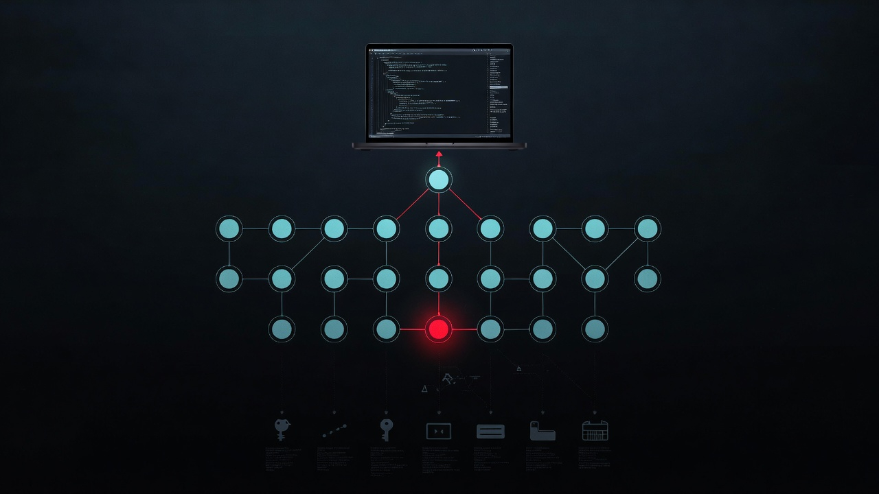 Laptop screen showing code with a hidden threat lurking underneath